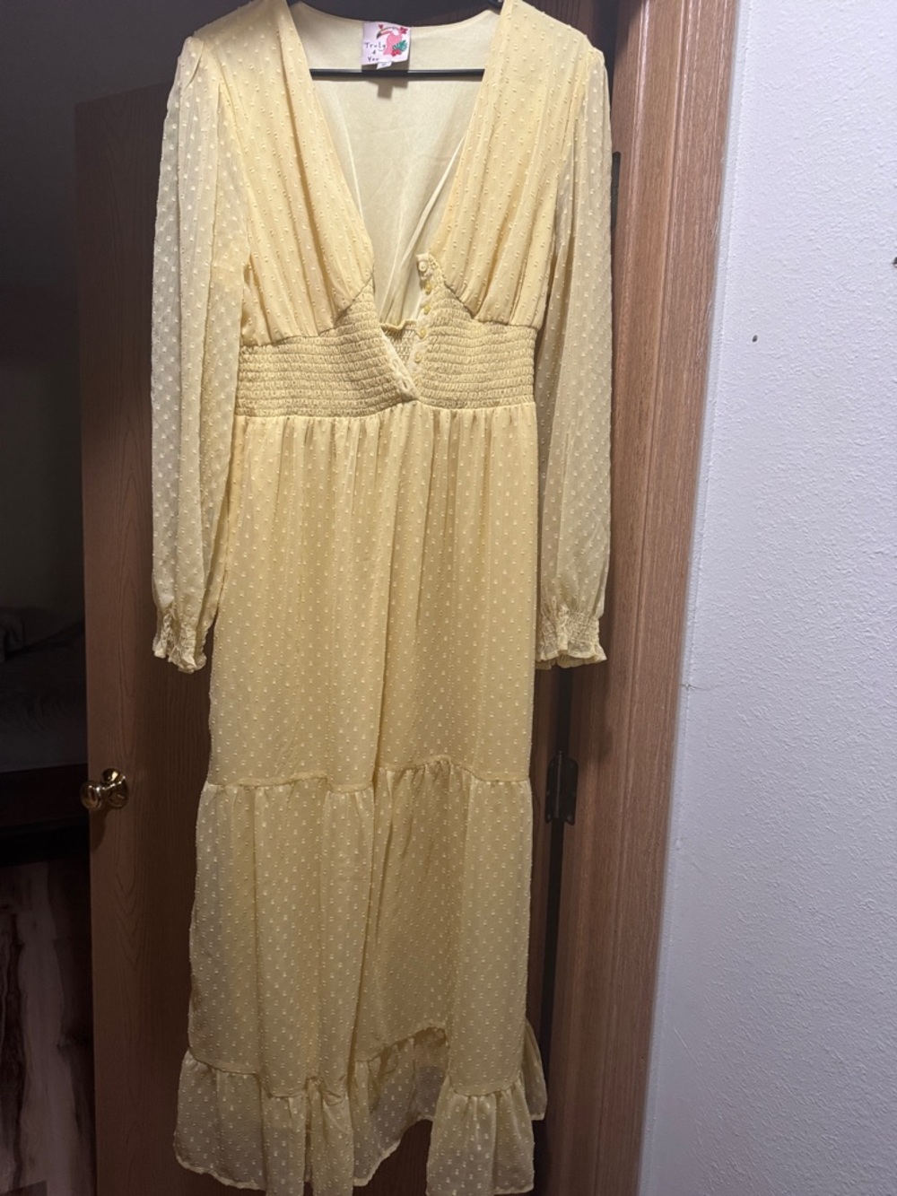 TRULY Pale Yellow Swiss Dot Maxi Dress with Smocked Waist